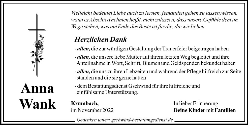  Traueranzeige für Anna Wank vom 12.11.2022 aus Mittelschwäbische Nachrichten