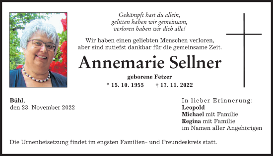 Traueranzeige von Annemarie Sellner von Günzburger Zeitung