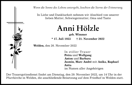 Traueranzeige von Anni Hölzle von Augsburg-Land, Augsburger Allgemeine