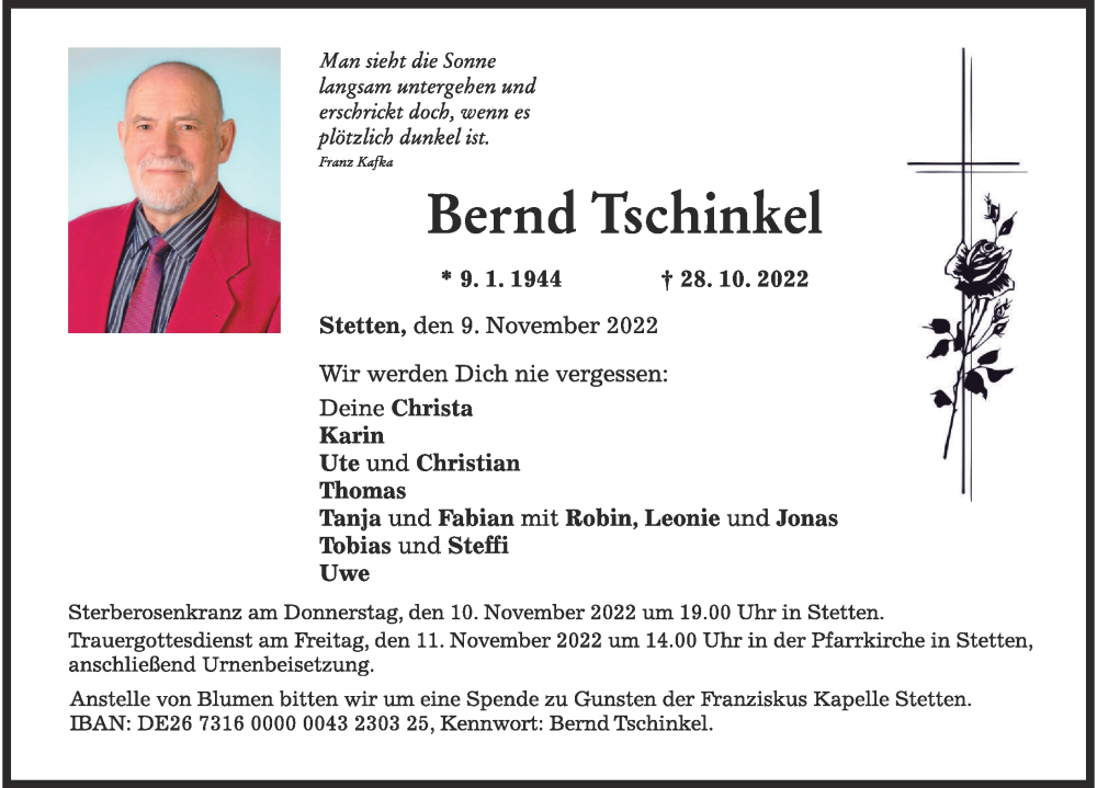  Traueranzeige für Bernd Tschinkel vom 09.11.2022 aus Mindelheimer Zeitung