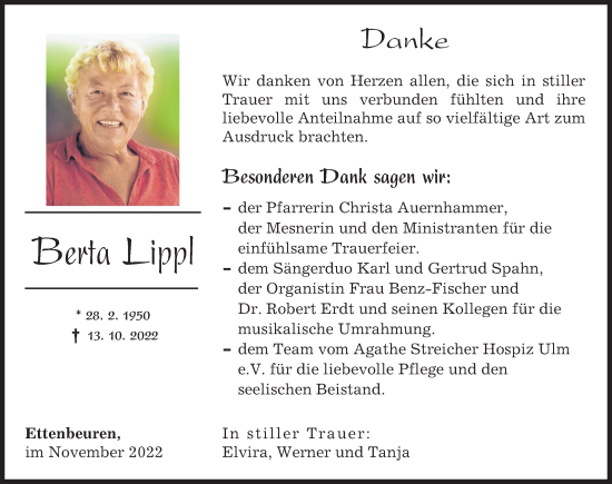 Traueranzeige von Berta Lippl von Mittelschwäbische Nachrichten, Günzburger Zeitung