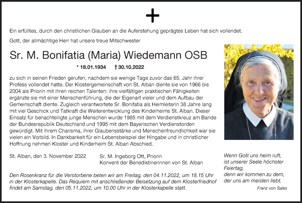 Traueranzeige für Bonifatia Wiedemann vom 04.11.2022 aus Ammersee Kurier