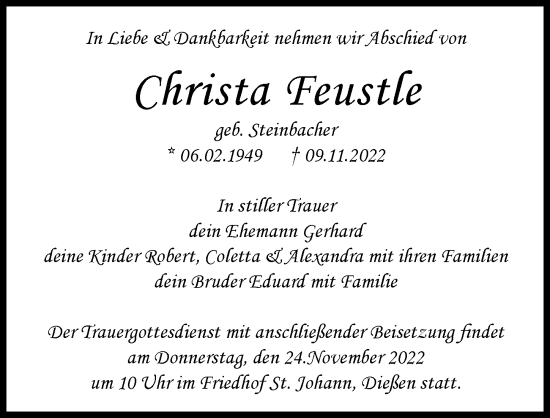 Traueranzeige von Christa Feustle von Landsberger Tagblatt