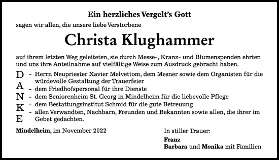 Traueranzeige von Christa Klughammer von Mindelheimer Zeitung