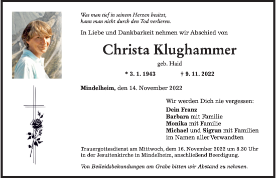 Traueranzeige von Christa Klughammer von Mindelheimer Zeitung
