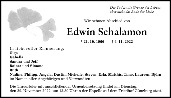 Traueranzeige von Edwin Schalamon von Günzburger Zeitung