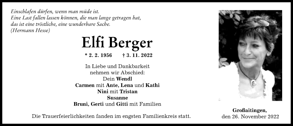  Traueranzeige für Elfi Berger vom 26.11.2022 aus Schwabmünchner Allgemeine