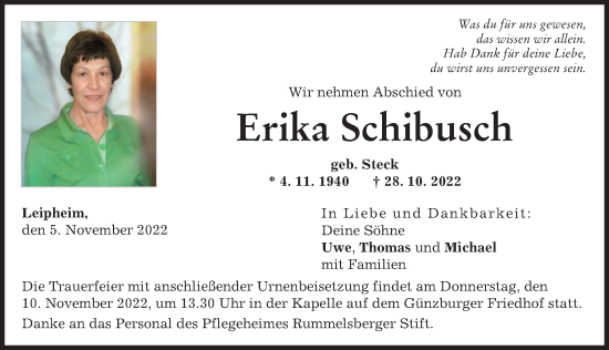 Traueranzeige von Erika Schibusch von Günzburger Zeitung
