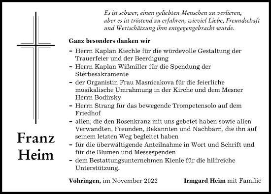 Traueranzeige von Franz Heim von Illertisser Zeitung