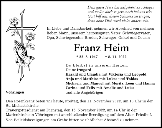 Traueranzeige von Franz Heim von Illertisser Zeitung