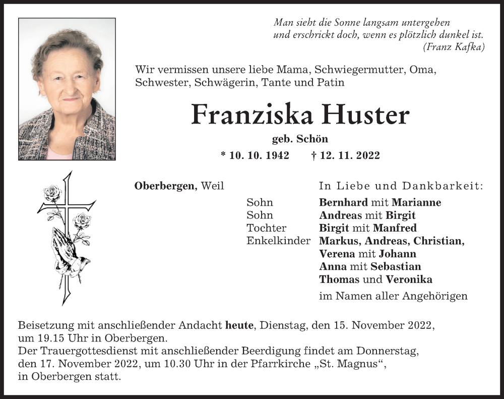  Traueranzeige für Franziska Huster vom 15.11.2022 aus Landsberger Tagblatt