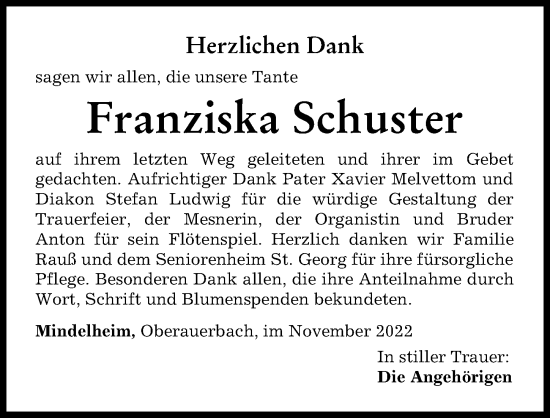 Traueranzeige von Franziska Schuster von Mindelheimer Zeitung
