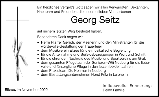 Traueranzeige von Georg Seitz von Mittelschwäbische Nachrichten, Günzburger Zeitung