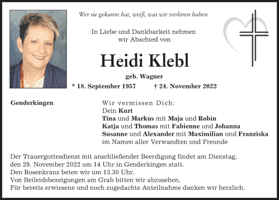 Traueranzeige von Heidi Klebl von Donauwörther Zeitung