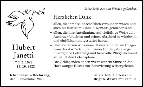 Traueranzeige von Hubert Janetti von Günzburger Zeitung
