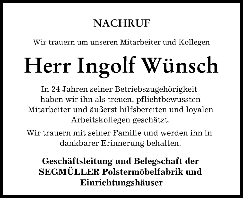  Traueranzeige für Ingolf Wünsch vom 26.11.2022 aus Friedberger Allgemeine