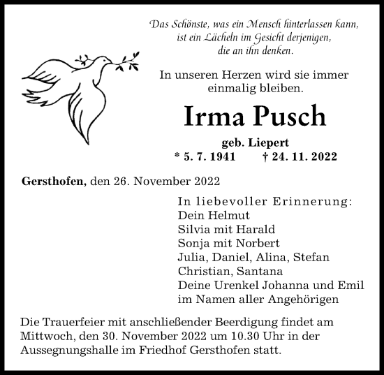 Traueranzeige von Irma Pusch von Augsburger Allgemeine