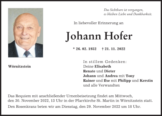 Traueranzeige von Johann Hofer von Donauwörther Zeitung