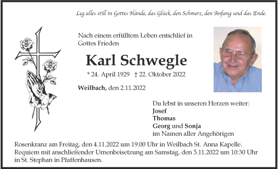 Traueranzeige von Karl Schwegle von Mindelheimer Zeitung