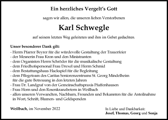 Traueranzeige von Karl Schwegle von Mindelheimer Zeitung