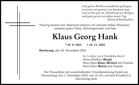 Traueranzeige von Klaus Georg Hank von Günzburger Zeitung