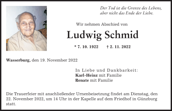 Traueranzeige von Ludwig Schmid von Günzburger Zeitung