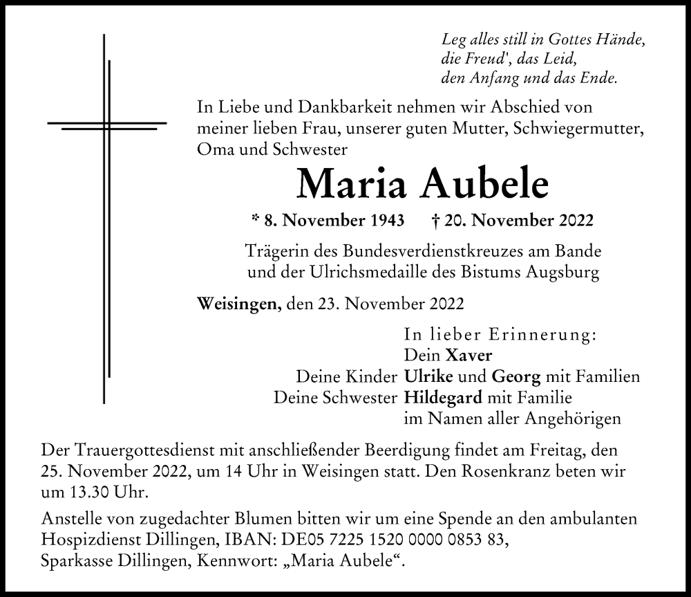  Traueranzeige für Maria Aubele vom 23.11.2022 aus Donau Zeitung