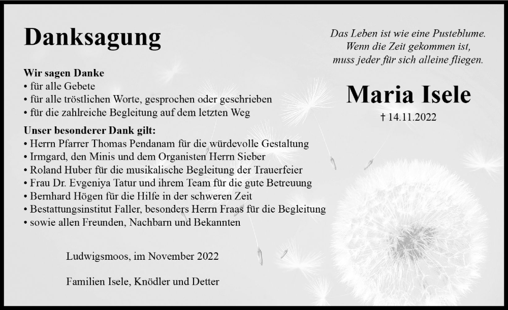  Traueranzeige für Maria Isele vom 26.11.2022 aus Neuburger Rundschau