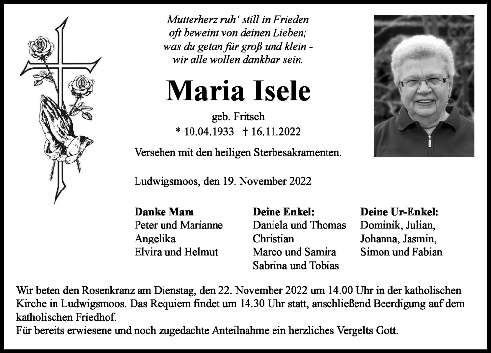  Traueranzeige für Maria Isele vom 19.11.2022 aus Neuburger Rundschau