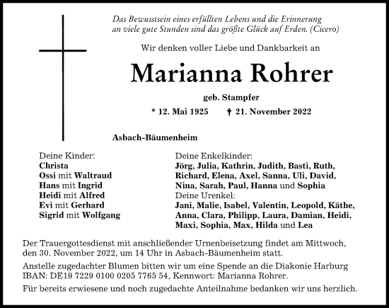 Traueranzeige von Marianna Rohrer von Donauwörther Zeitung