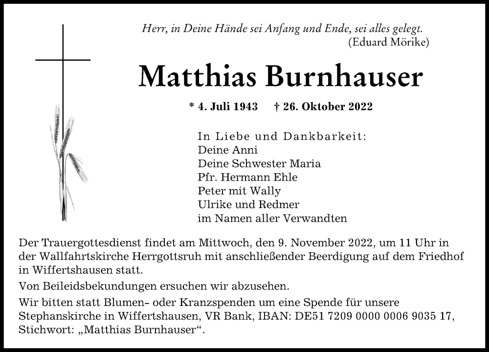 Traueranzeige für Matthias Burnhauser vom 05.11.2022 aus Augsburger Allgemeine