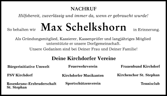 Traueranzeige von Max Schelkshorn von Mindelheimer Zeitung