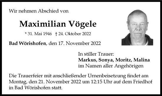 Traueranzeige von Maximilian Vögele von Mindelheimer Zeitung