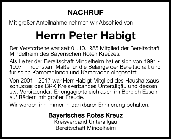 Traueranzeige von Peter Habigt von Mindelheimer Zeitung