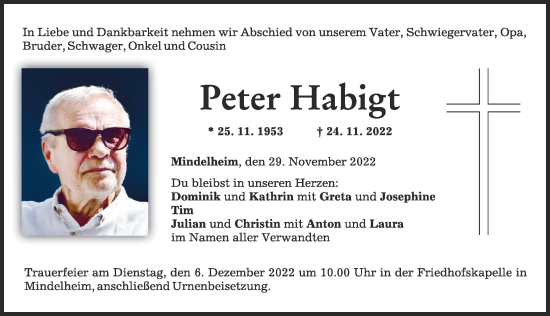 Traueranzeige von Peter Habigt von Mindelheimer Zeitung
