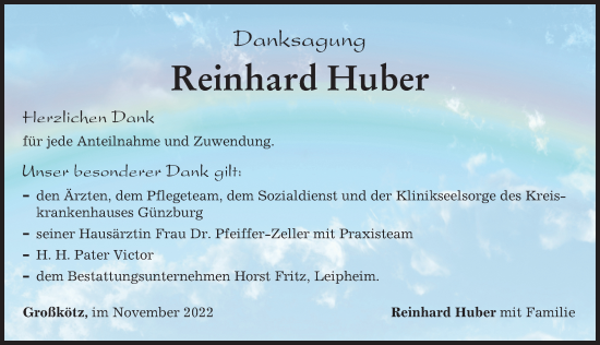 Traueranzeige von Reinhard Huber von Günzburger Zeitung