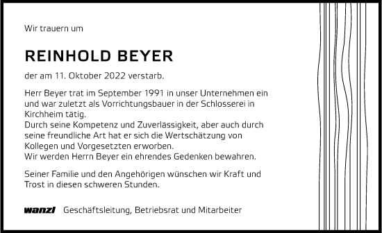 Traueranzeige von Reinhold Beyer von Mindelheimer Zeitung