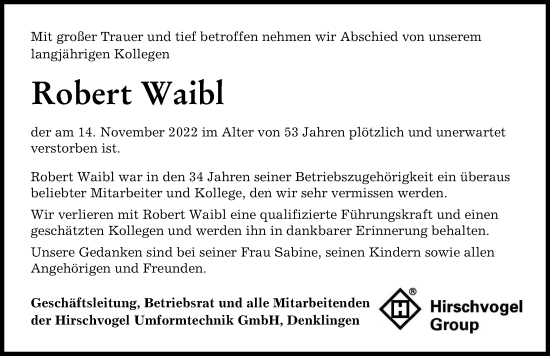 Traueranzeige von Robert Waibl von Landsberger Tagblatt