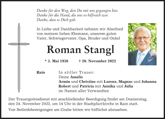Traueranzeige von Roman Stangl von Neuburger Rundschau, Donauwörther Zeitung