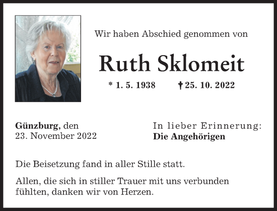 Traueranzeige von Ruth Sklomeit von Günzburger Zeitung