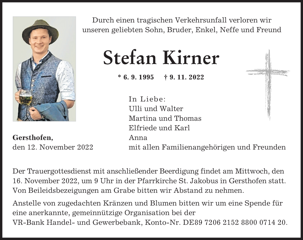  Traueranzeige für Stefan Kirner vom 12.11.2022 aus Augsburger Allgemeine