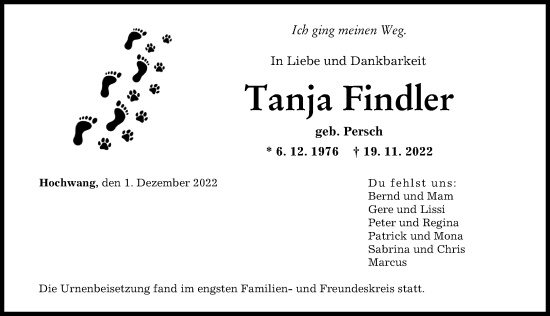 Traueranzeige von Tanja Findler von Günzburger Zeitung