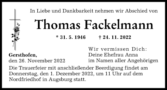 Traueranzeige von Thomas Fackelmann von Augsburger Allgemeine