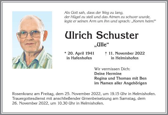 Traueranzeige von Ulrich Schuster von Günzburger Zeitung, Augsburger Allgemeine