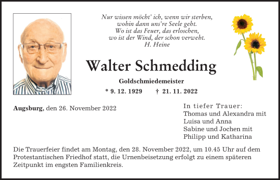 Traueranzeige von Walter Schmedding von Augsburger Allgemeine