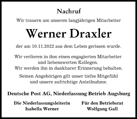 Traueranzeige von Werner Draxler von Augsburg-Land
