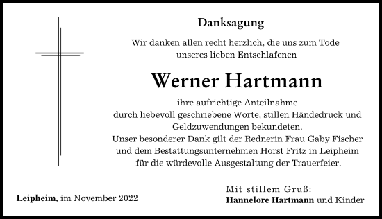 Traueranzeige von Werner Hartmann von Günzburger Zeitung
