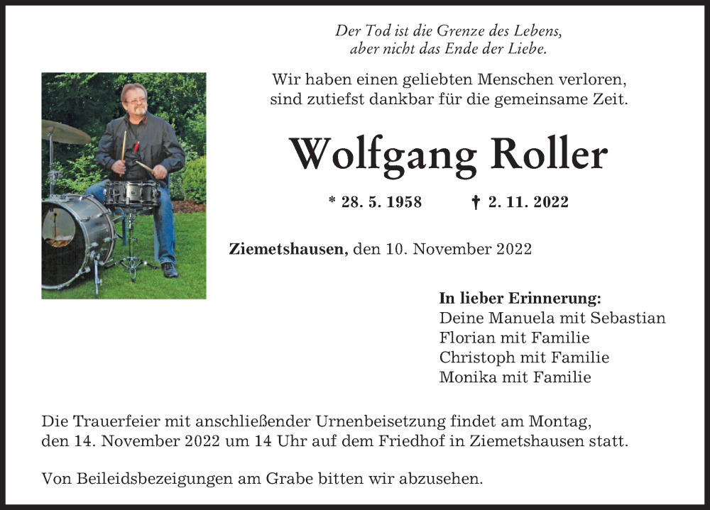  Traueranzeige für Wolfgang Roller vom 10.11.2022 aus Mittelschwäbische Nachrichten
