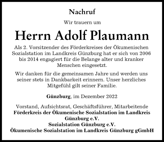Traueranzeige von Adolf Plaumann von Günzburger Zeitung