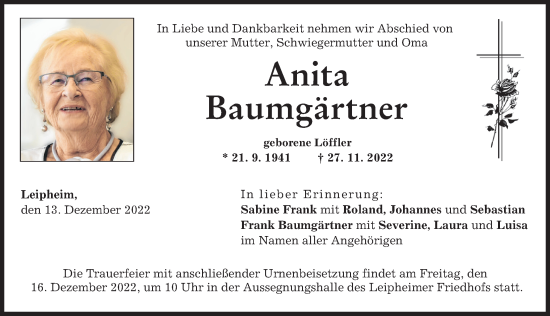 Traueranzeige von Anita Baumgärtner von Günzburger Zeitung